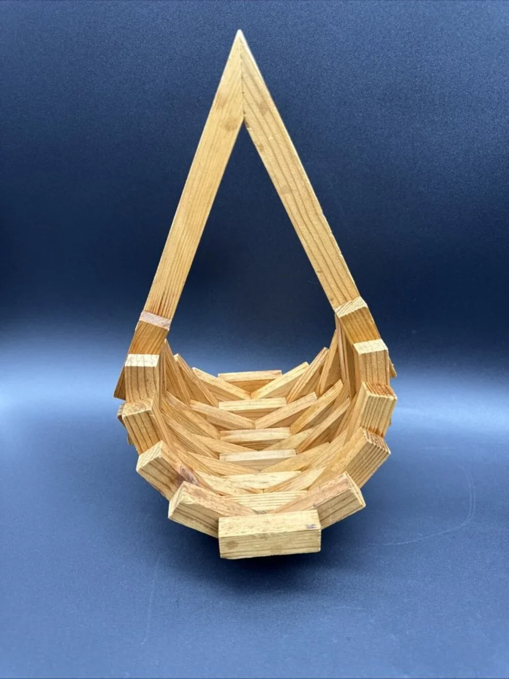 Vintage Mid-Century Modern Geometric Block Wood Teardrop Basket Planter Catchall